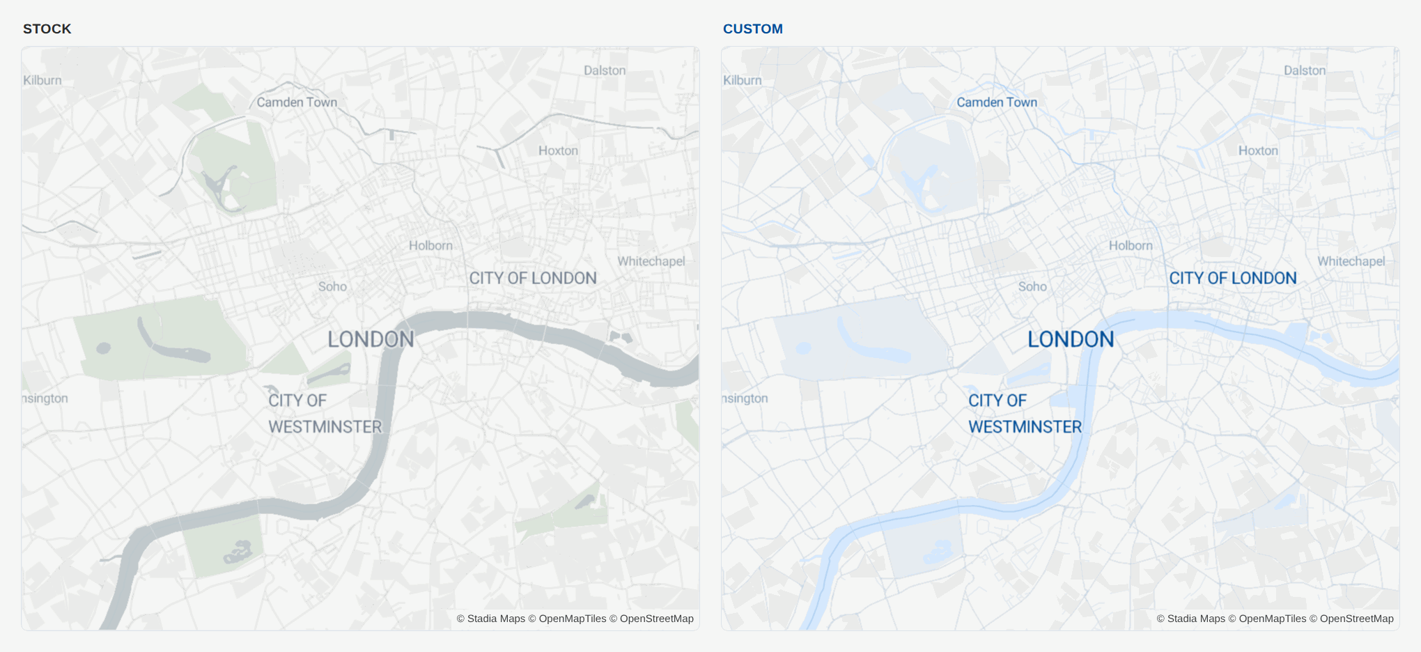 Stock Alidade Smooth and the same map with a custom brand palette applied, side by side