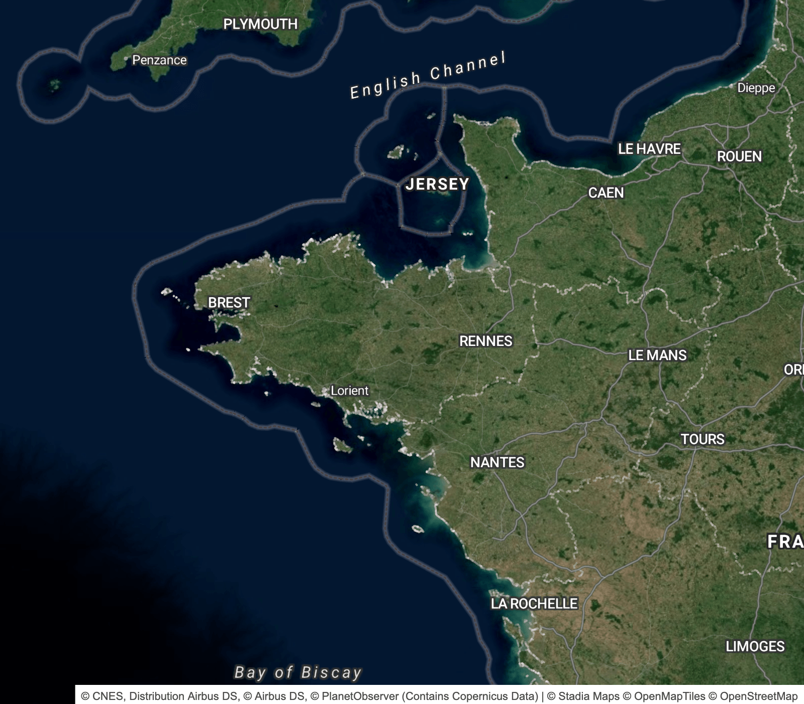 The area around the English Channel highlights the two types of features most likely to require styling adjustments.