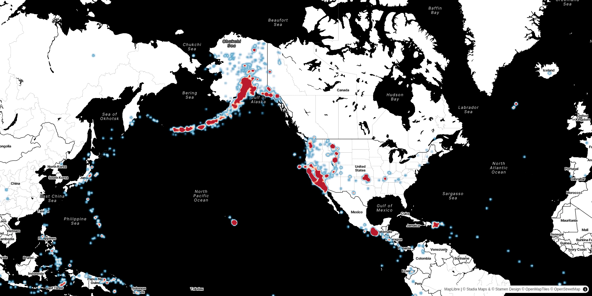 Heatmap layer visualization built with MapLibre GL JS on Stadia Maps Stamen Toner basemap tiles