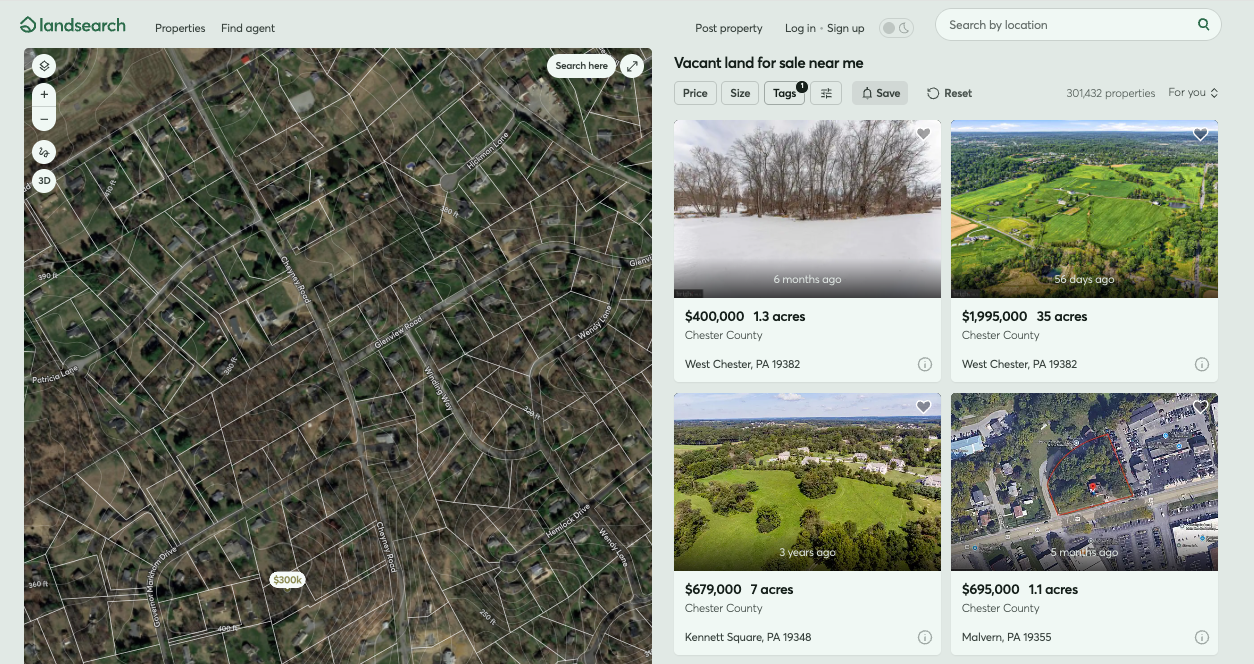 LandSearch listing map showing satellite imagery with parcel boundaries