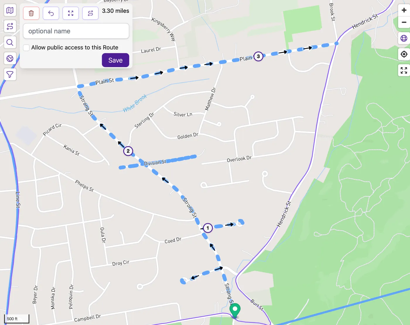 CityStrides website with a route generated by Stadia Maps