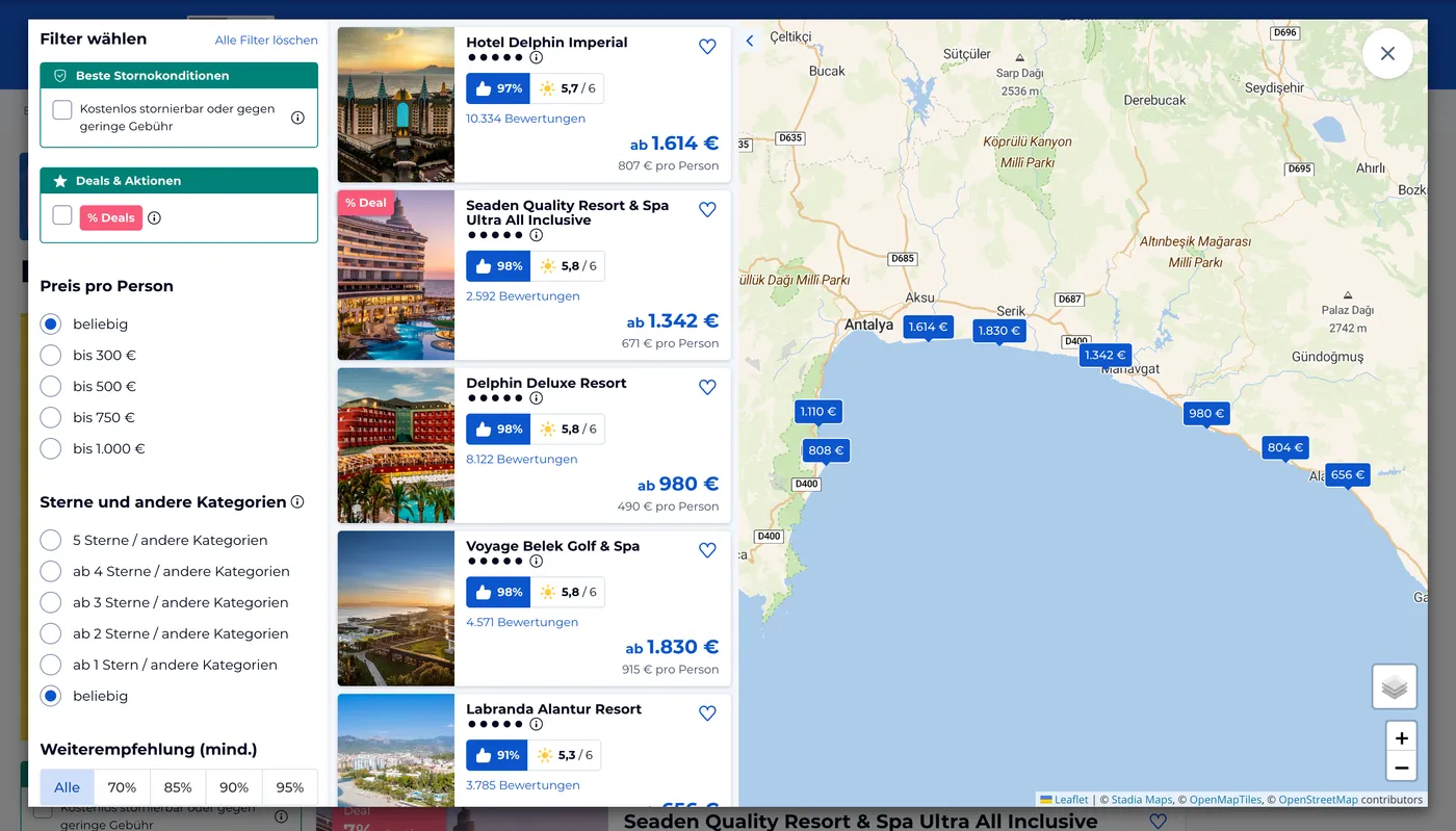 HolidayCheck website displaying hotel options on top of our Outdoors map style powered by Stadia Maps