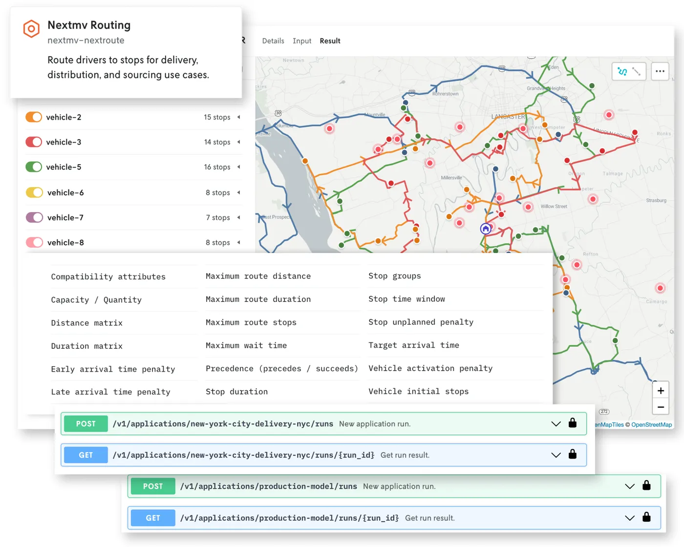 Nextmv website showing routing examples powered by Stadia Maps