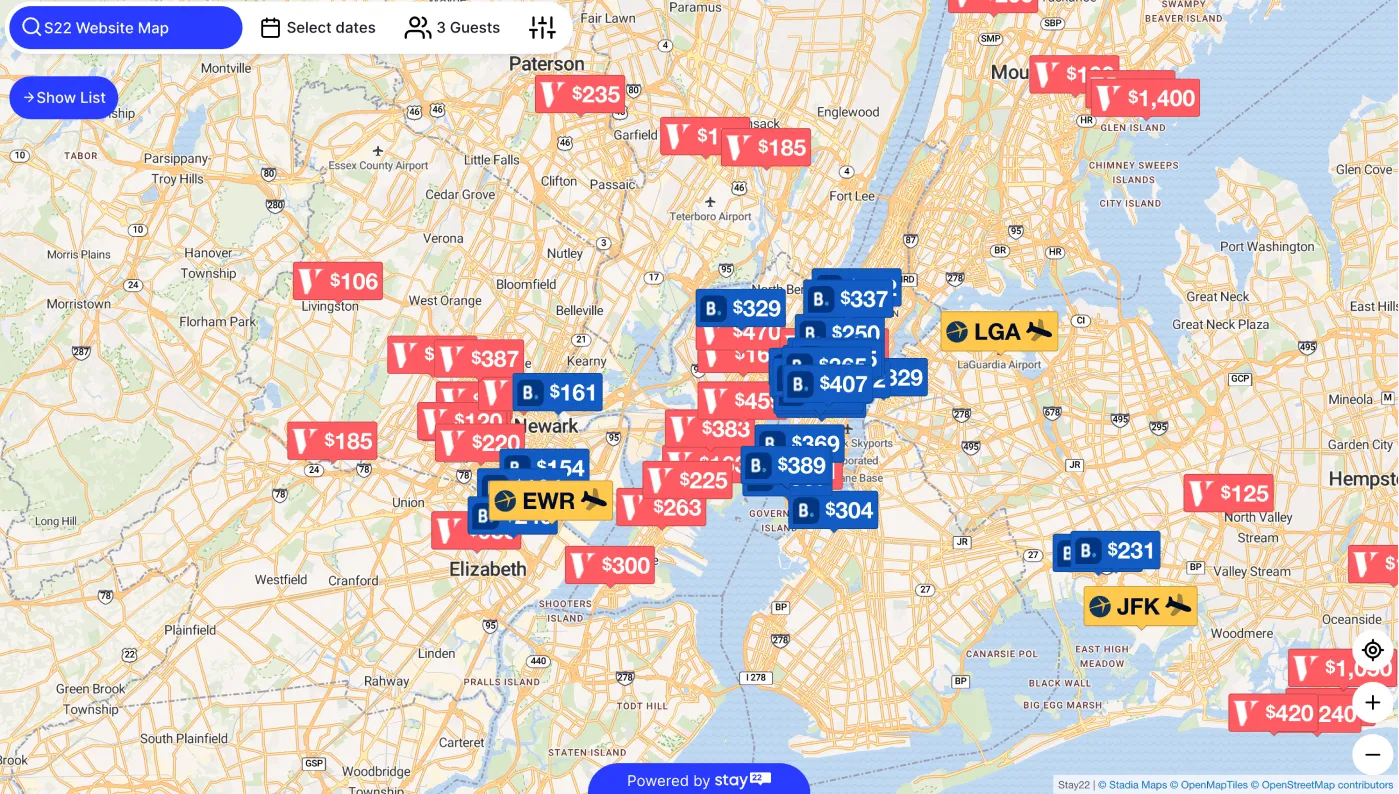 Stay22 showcasing travel options with a customized map style powered by Stadia Maps